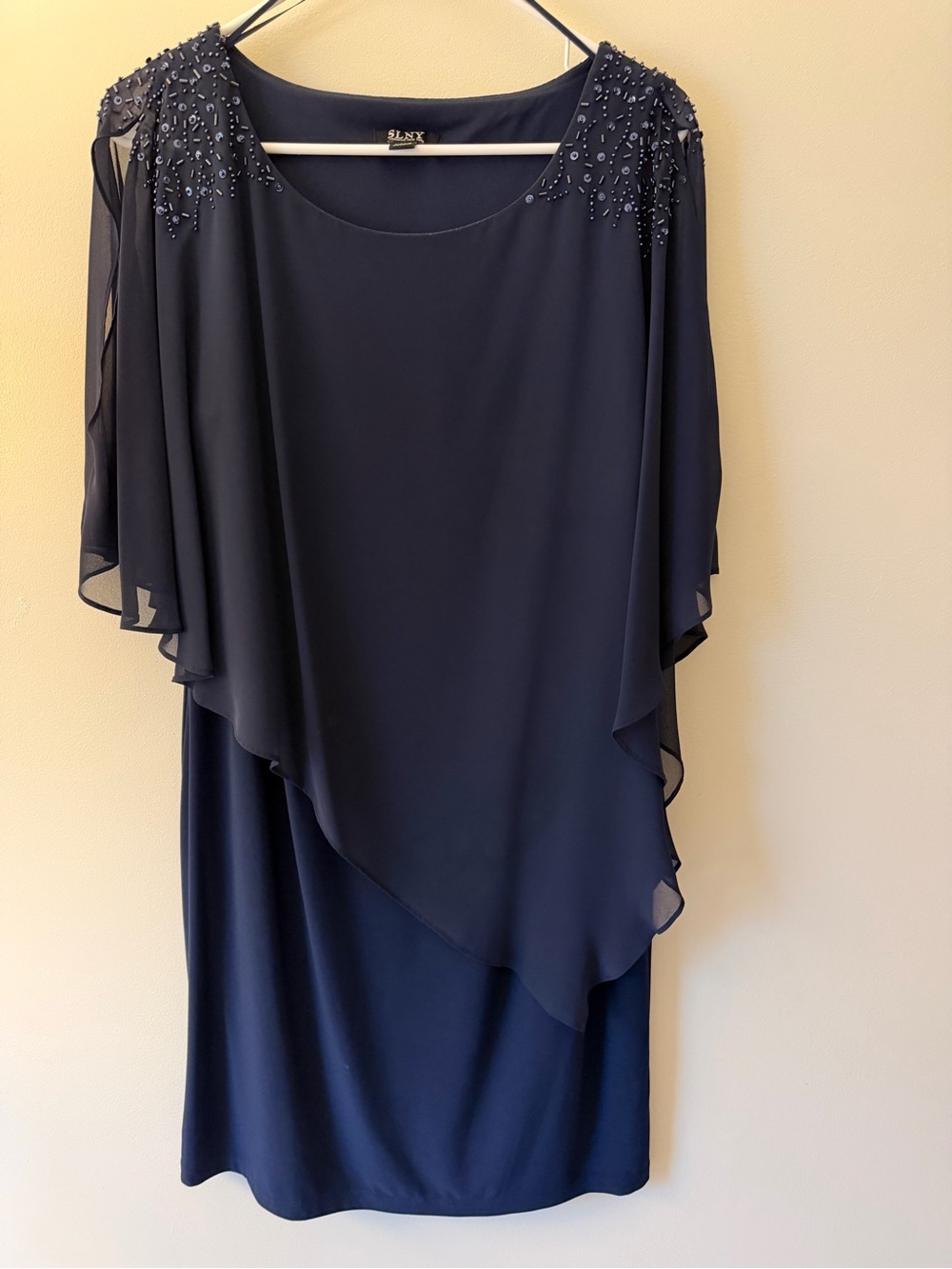 SLNY Navy Beaded Cape-Overlay Midi Dress